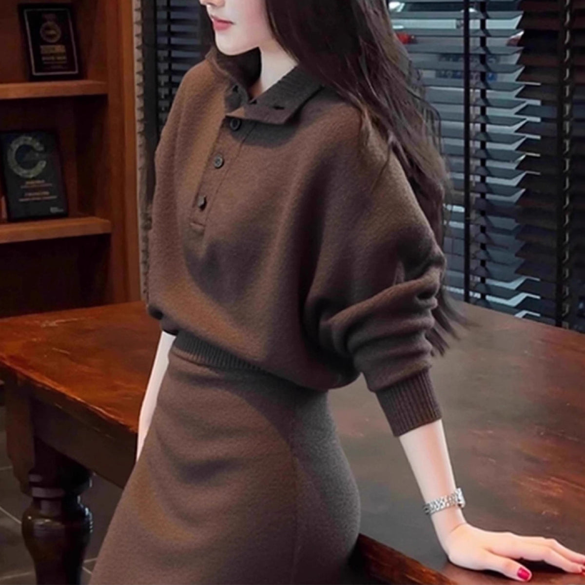 Chic Brown Sweater Dress Set for Women, Elegant and Sophisticated Outfit, Casual and Stylish Two-Piece Ensemble