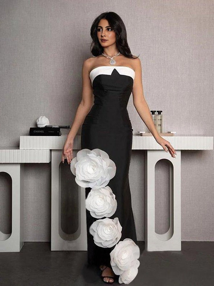 Bandage skirt strapless black and white patchwork large floral long skirt