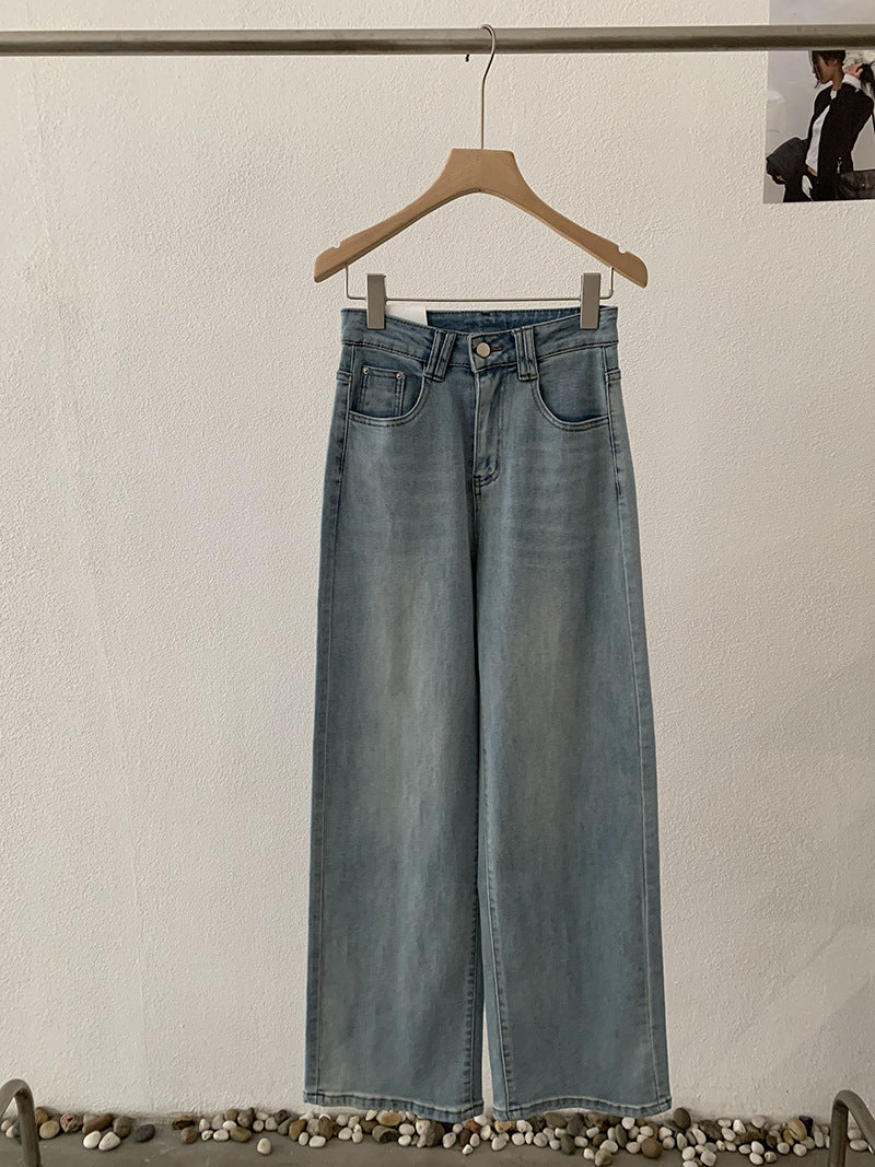 High-Waisted Wide-Leg Denim Pants for Women Spring Casual Washed Straight Leg Trousers Trendy