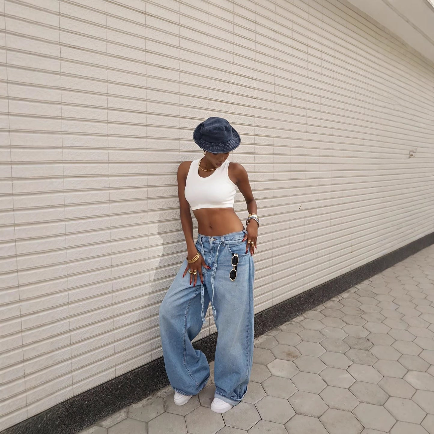Casual Tied High-Waisted Straight-Leg Washed Denim Pants