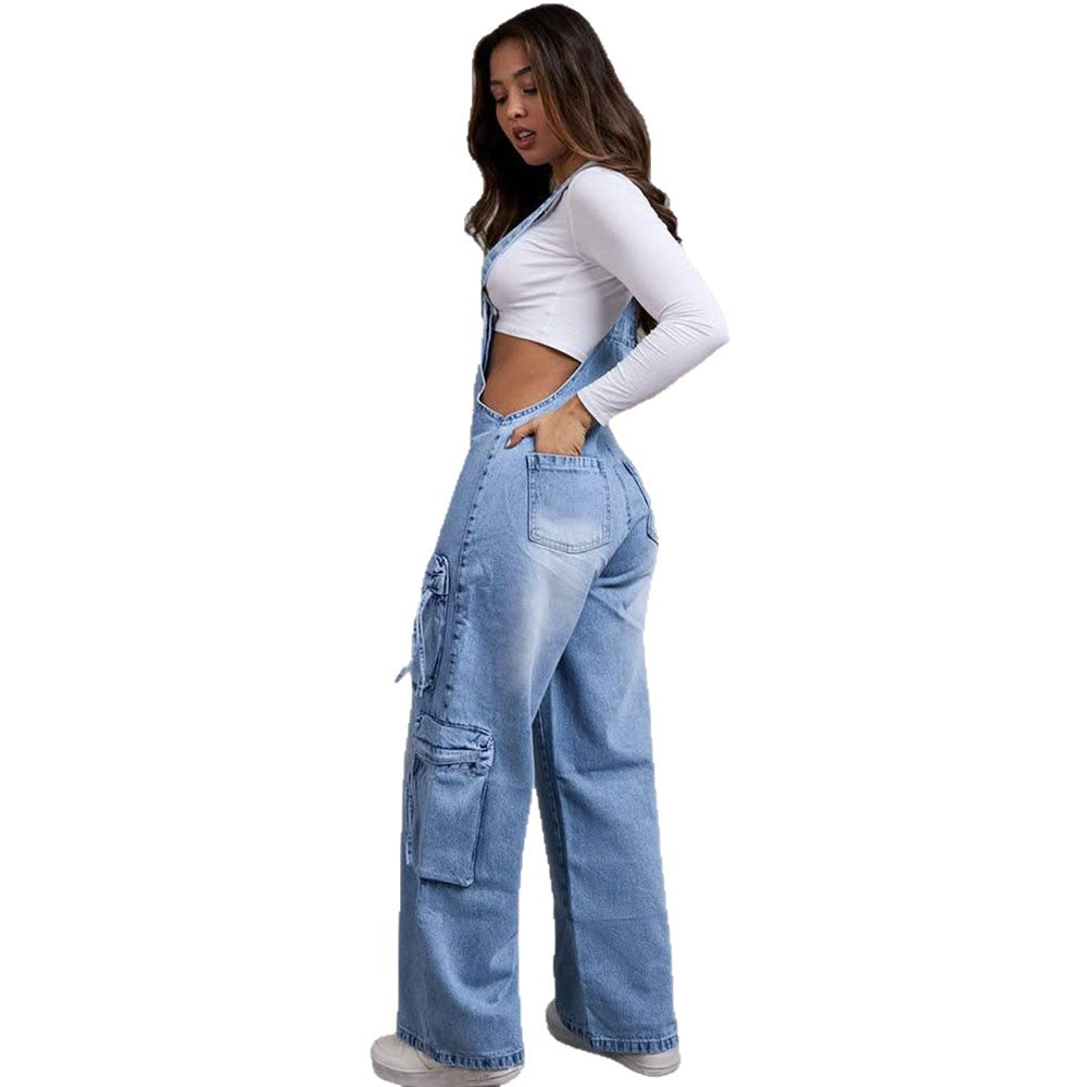 Casual Straight-Leg Denim Overalls for Women Street Style Multi-Pocket Denim Jumpsuit