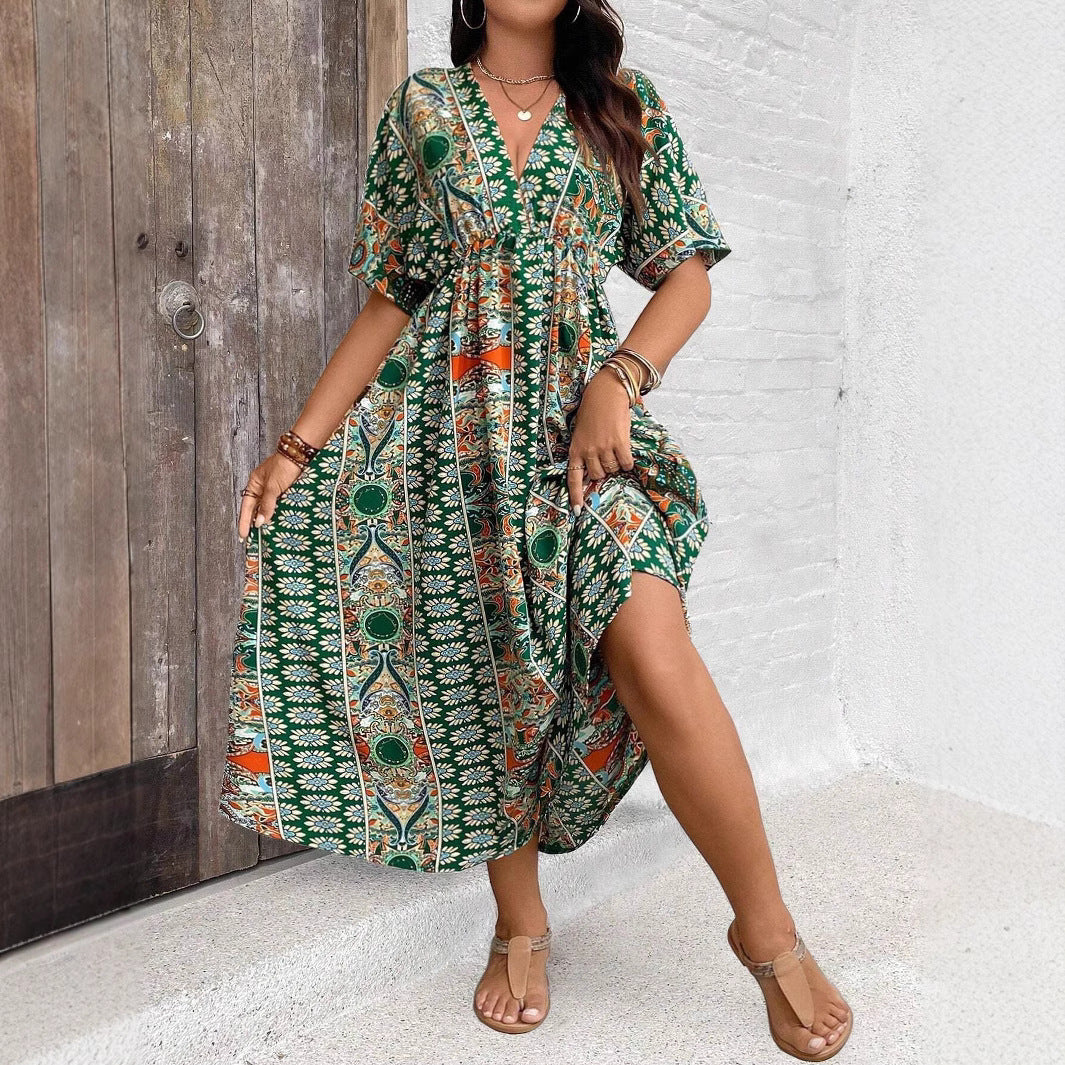 Bohemian Print Dress for Women, Casual Long Sleeve Maxi DressPlus Size Fashion Style