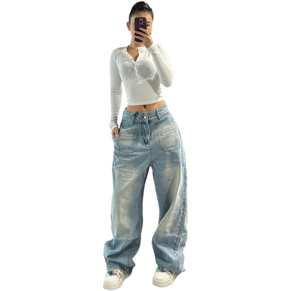 Women's High-Waisted Straight Leg Jeans, Autumn Fashion Dye-Effect Wide Leg Pants