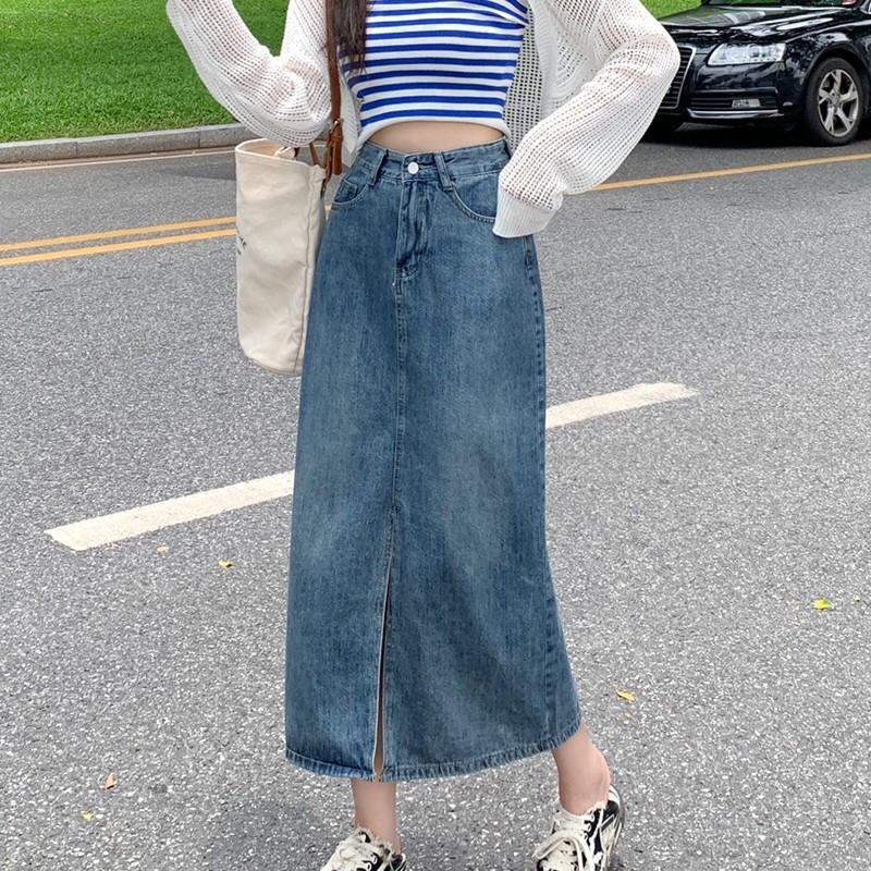 Denim Midi Skirt Women High Waist A-Line Vintage  Autumn Fashion Plus Size Casual Dress