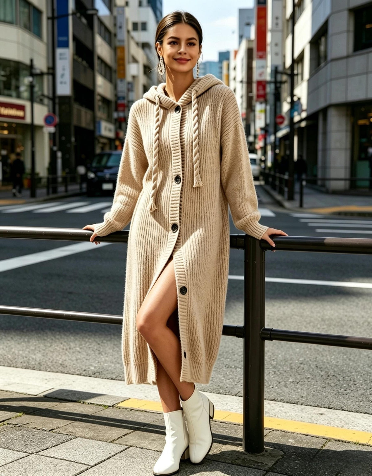 Hooded drawstring long dress for women