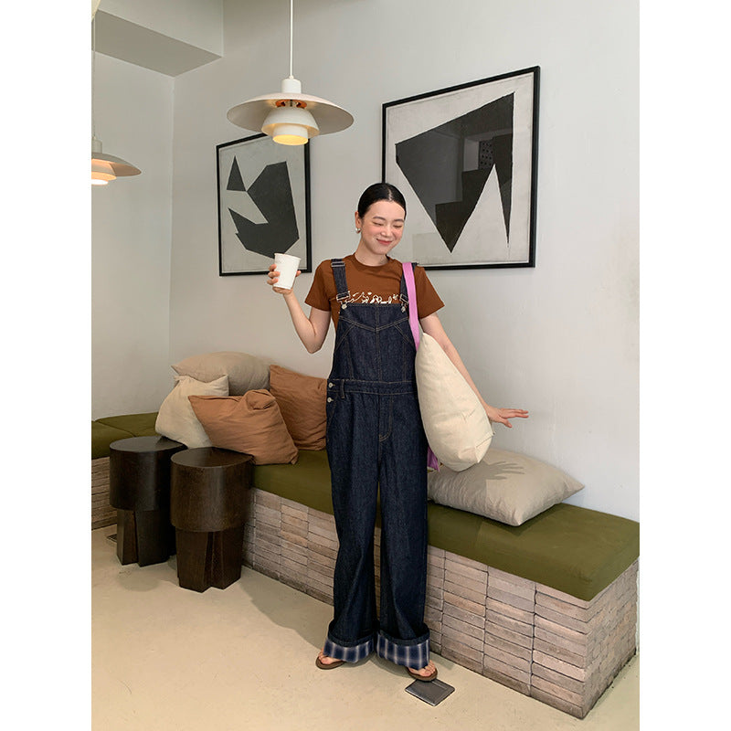 Shoulder wide leg straight leg denim overalls
