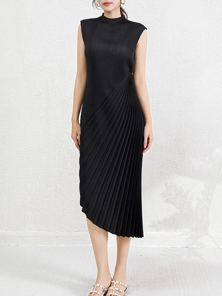 Irregular pleated dress women's semi high neck fashionable and elegant formal dress