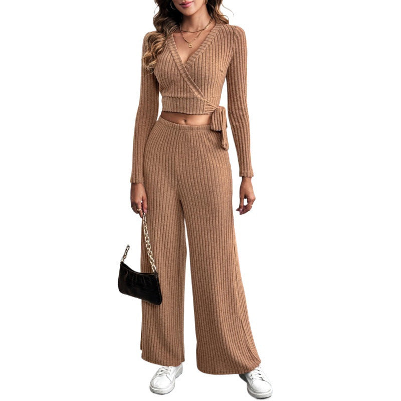 Textured Long Sleeve Tie Women's Two-Piece Set