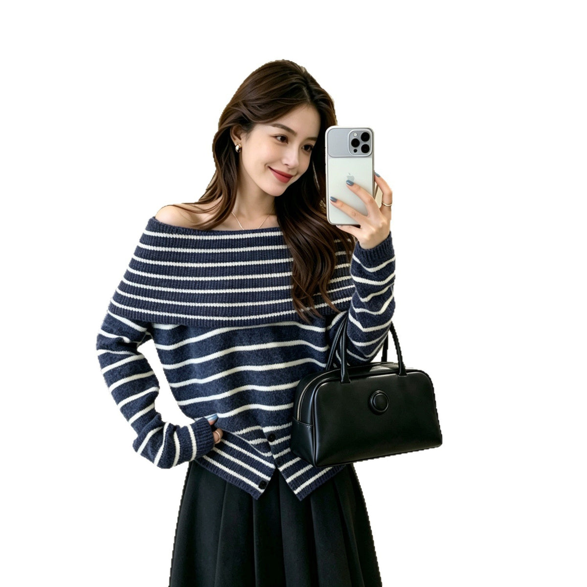 Single neck off shoulder striped sweater for women