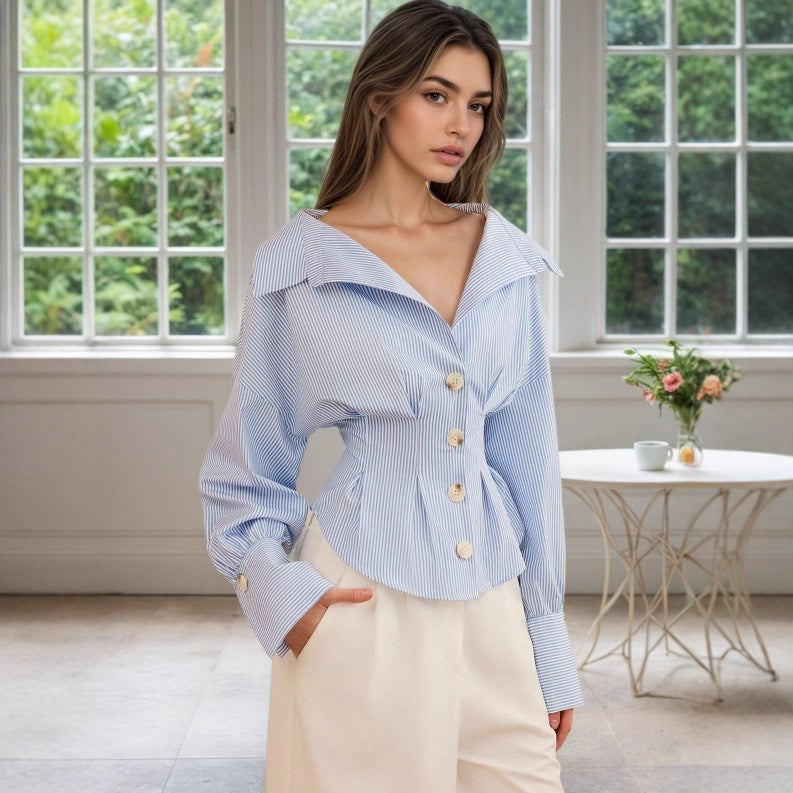 Collar pleated waist striped long sleeved top