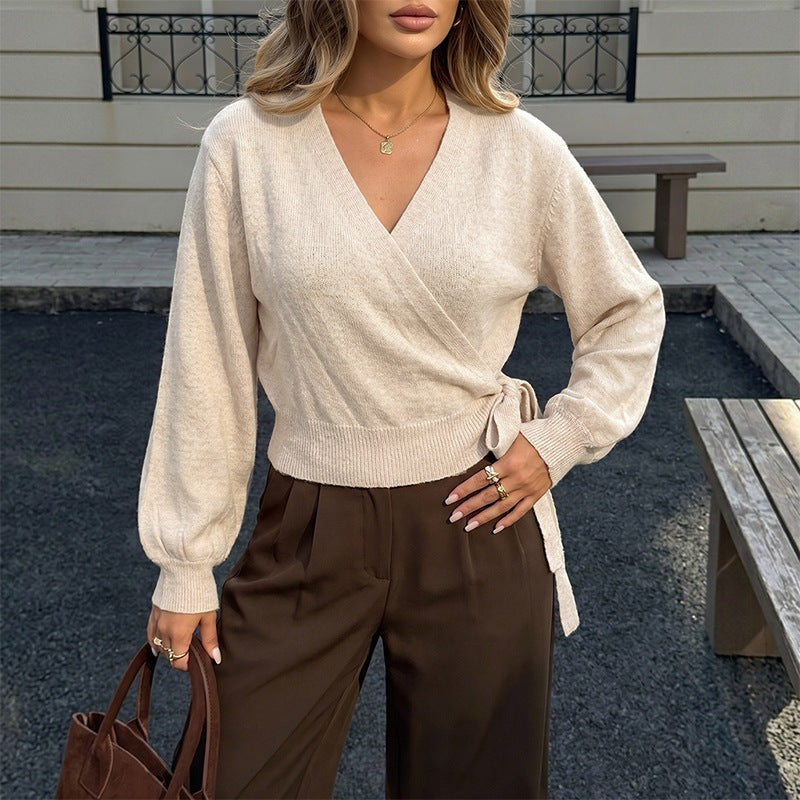 Solid color cross V-neck lace up slim fit long sleeved sweater