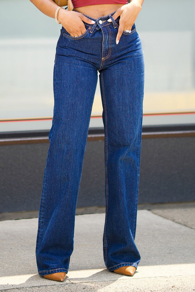Simple Basic Straight Leg Washed Denim Pants
