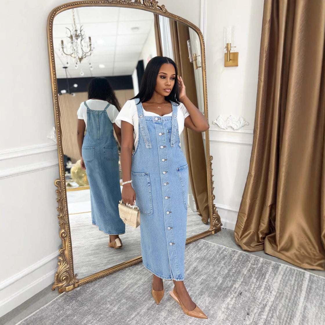Chic Single-Button Knee-Length Sleeveless Denim Dress with Mid-Length Silhouette