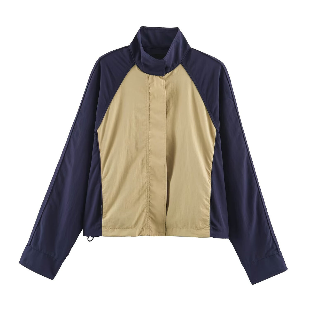 Zipper stand up collar patchwork color jacket+pants set for women