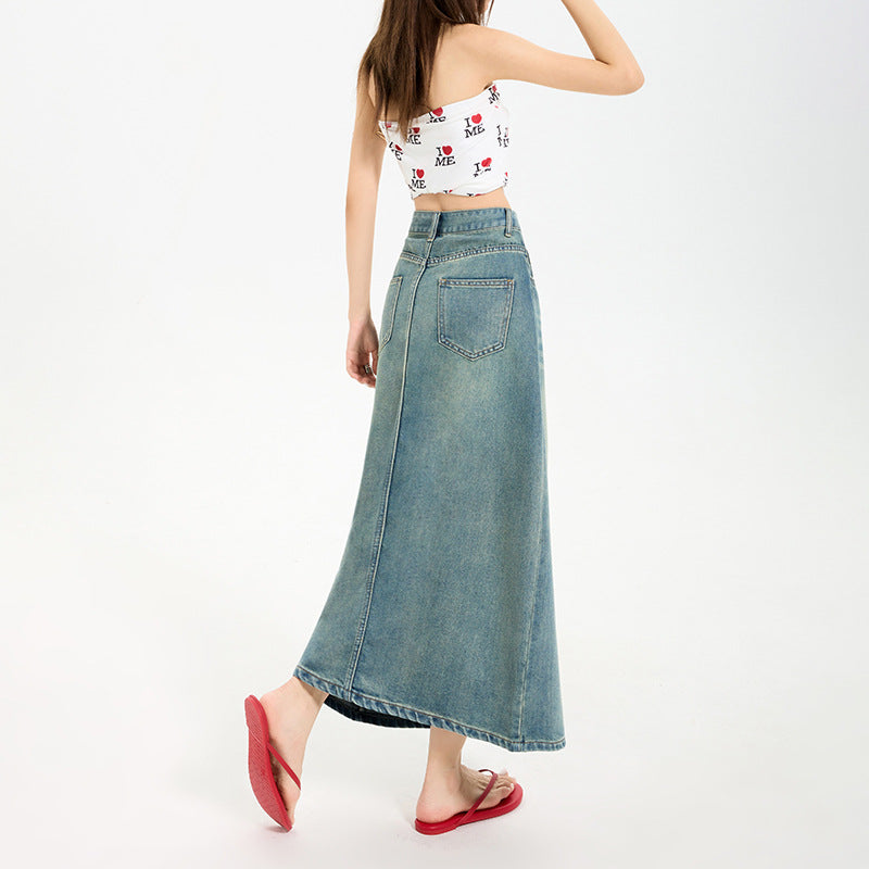 High Waist Slit Denim Skirt Women's Mid-Length Vintage A-Line Fitted Skirt