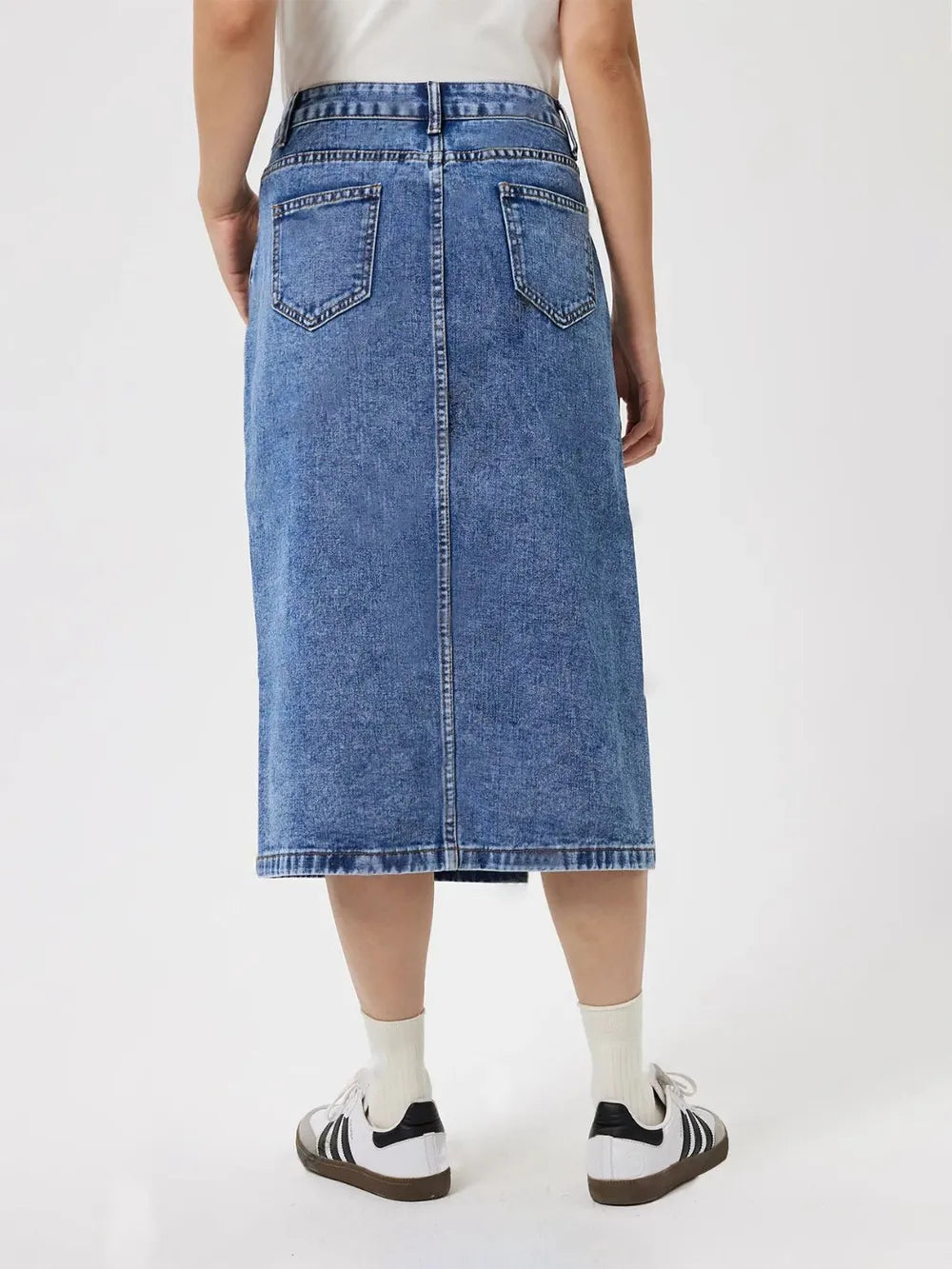 High waisted hip hugging split denim skirt