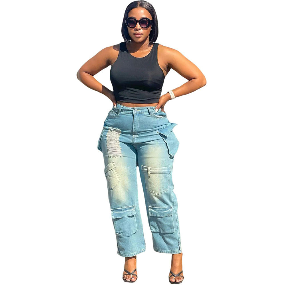 Women's Denim Wide-Leg Pants Fashion Trendy Multi-Pocket Blow-Out Denim Cargo Pants