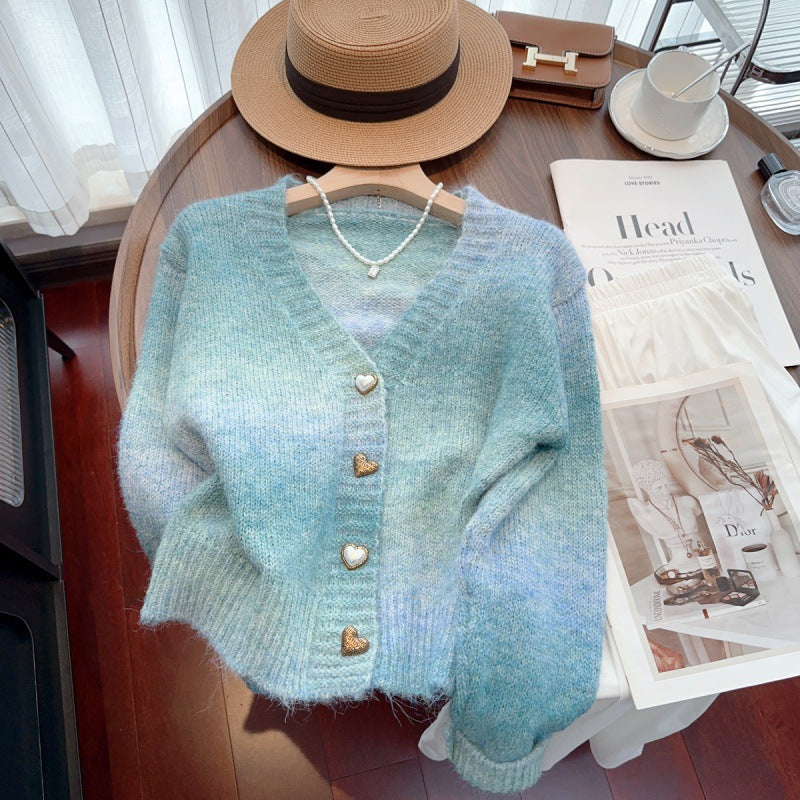 Tie dye gradient sweater jacket for women V-neck mohair knit cardigan for women