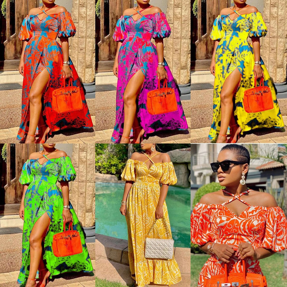 Printed V-Neck Backless Split Maxi Dress for Women
