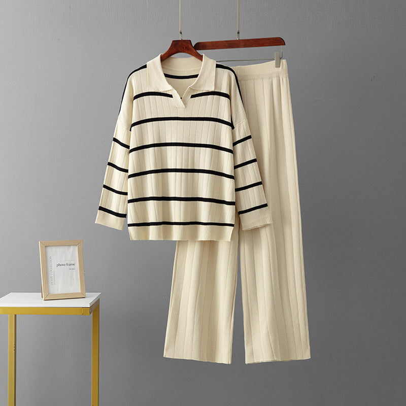Striped V-neck high waisted wide leg pants two-piece set