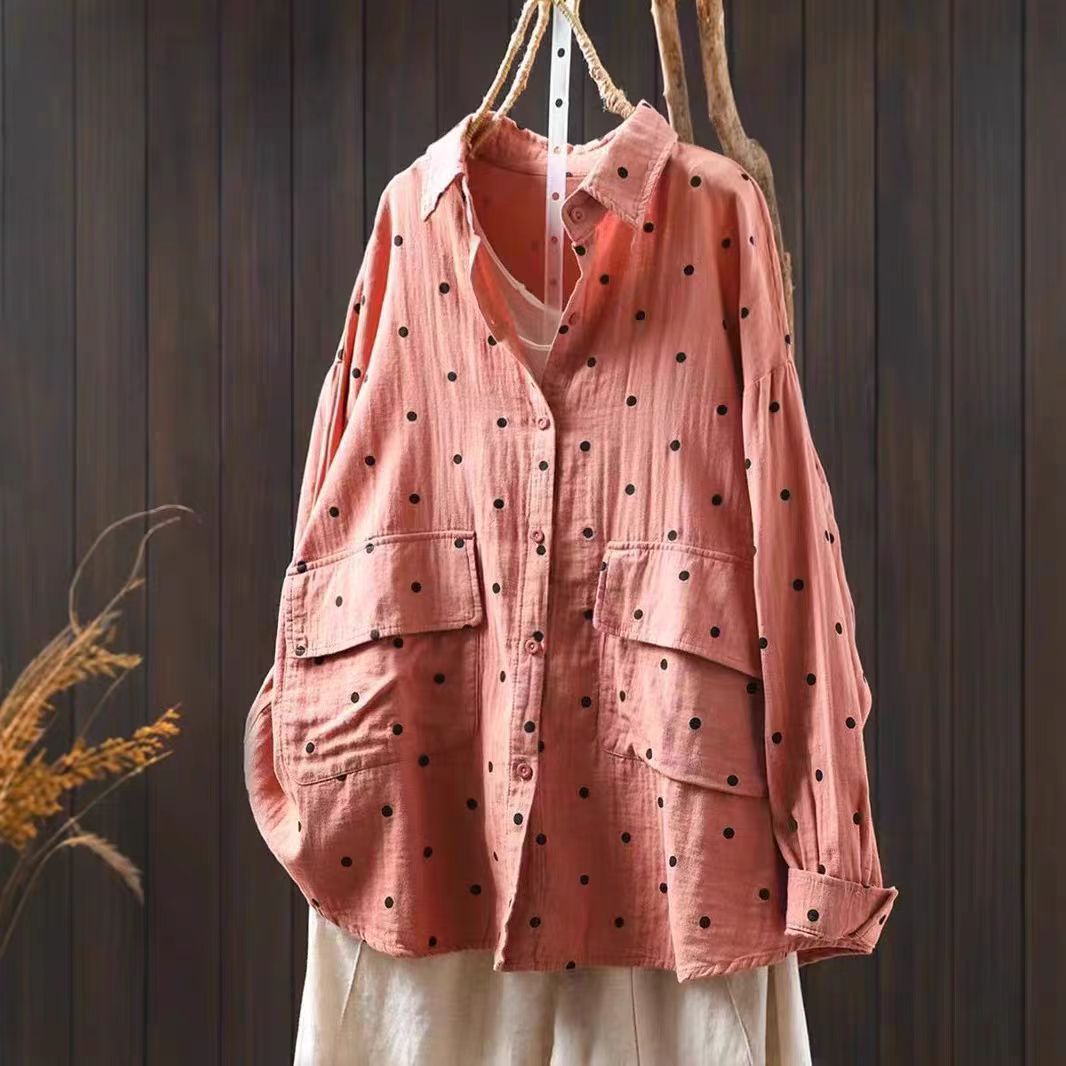 Loose Collar Cotton Shirt Women's Literary Slimming Long Sleeve Jacket Printed Outerwear