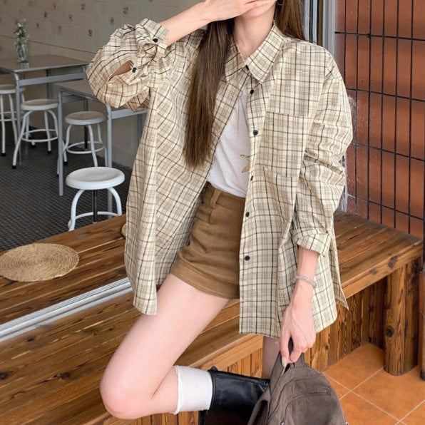 Checkered Shirt Women  Style Lazy Long Sleeve Polo Collar Blouse Unique Versatile Loose Open Front Top