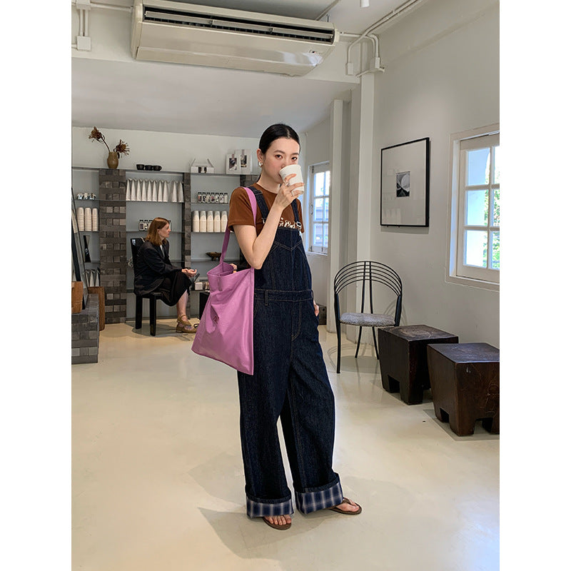 Shoulder wide leg straight leg denim overalls