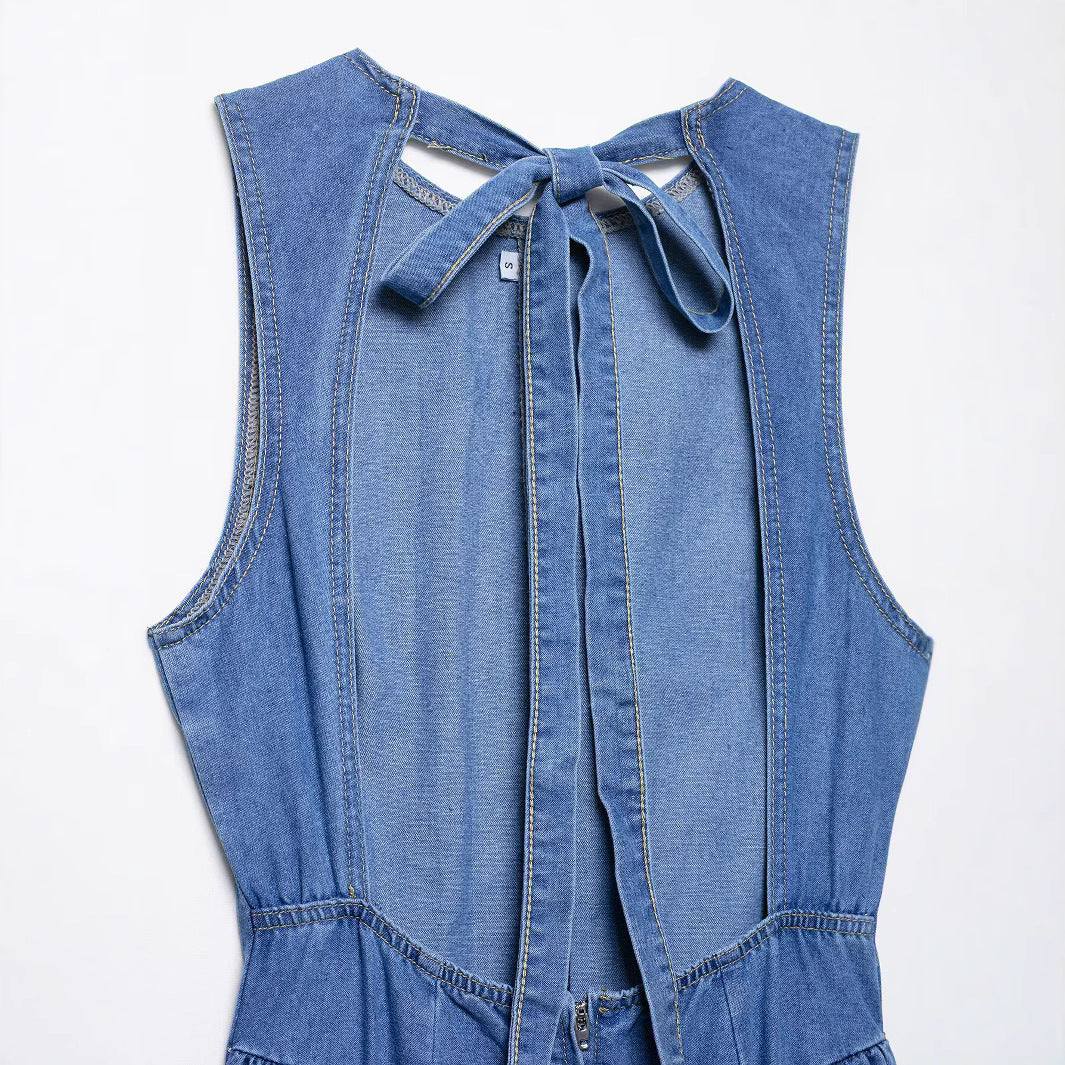 Backless hanging neck tied denim dress
