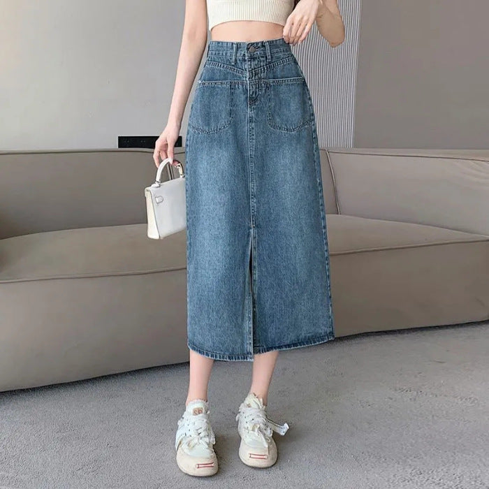High-Waisted Front Slit Denim Skirt  Versatile Denim A-Line Skirt Women's Slimming Midi Skirt
