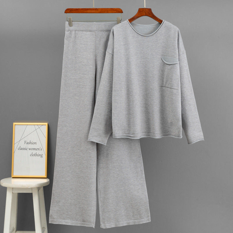 Round neck pocket sweater loose wide leg pants set for women