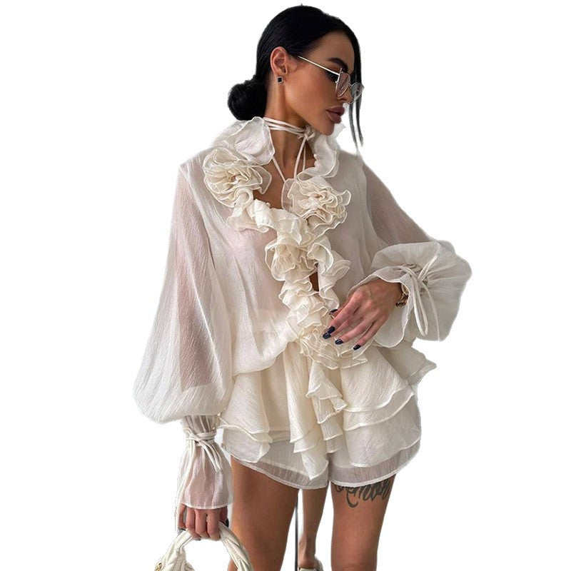 Flower Lantern Sleeve Blouse and Shorts Set