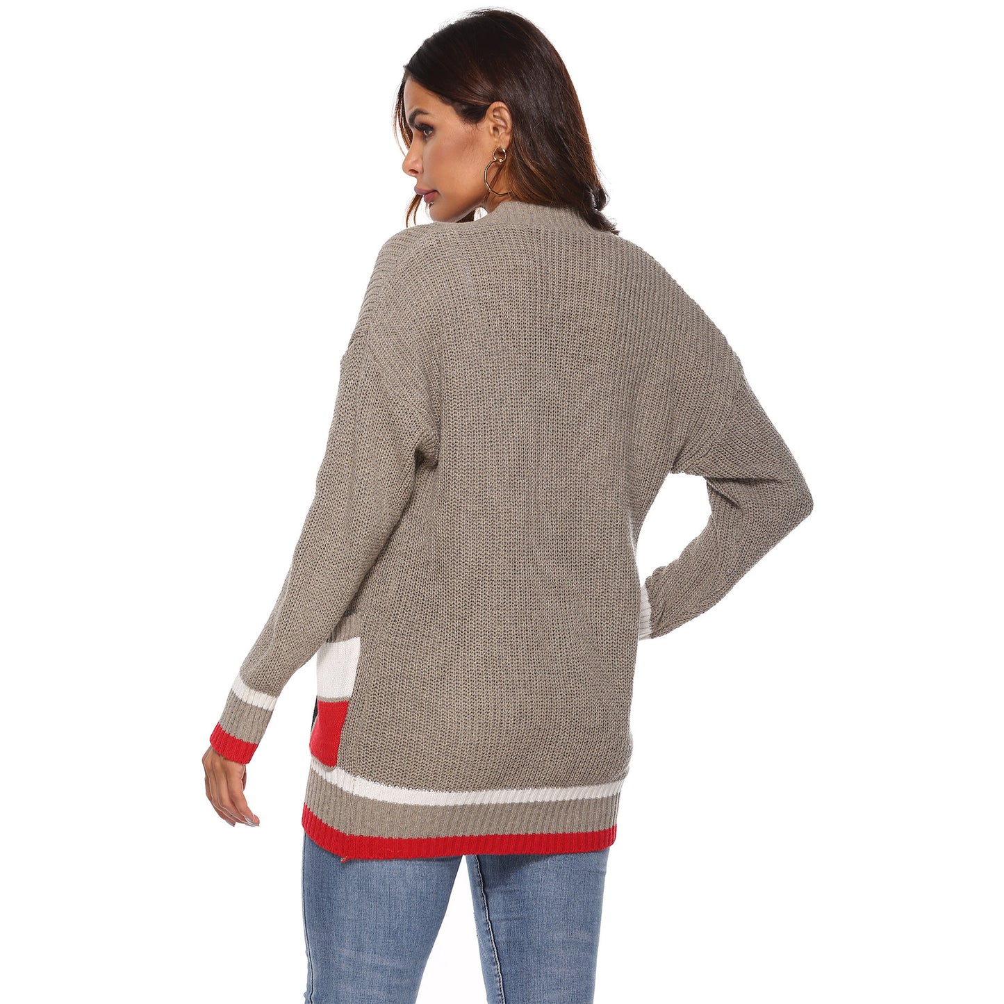 Women's Thick Woven Cardigan Coat with Color-blocked Large Pockets, V-neck Casual Sweater
