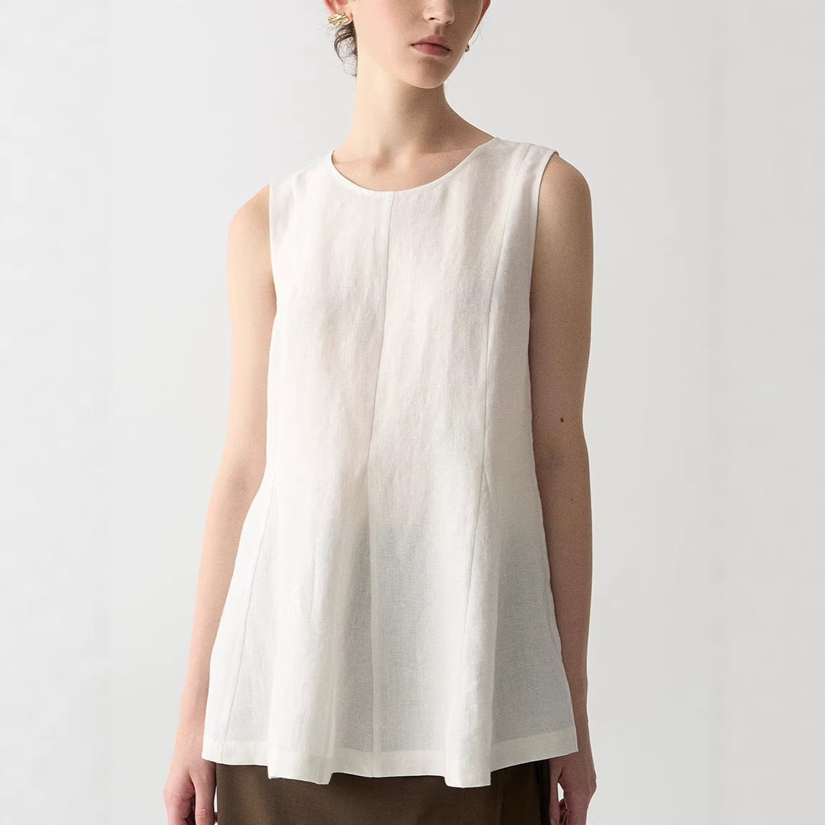 White Linen Blouse with Unique Patchwork Design Loose Sleeveless Top