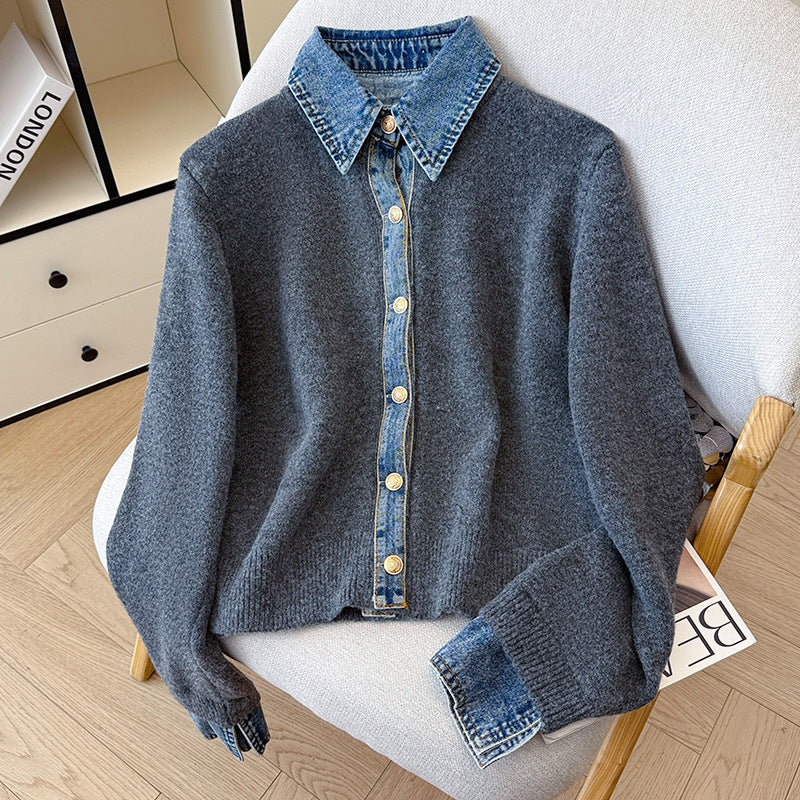 Denim Polo Neck Patchwork Knit Sweater