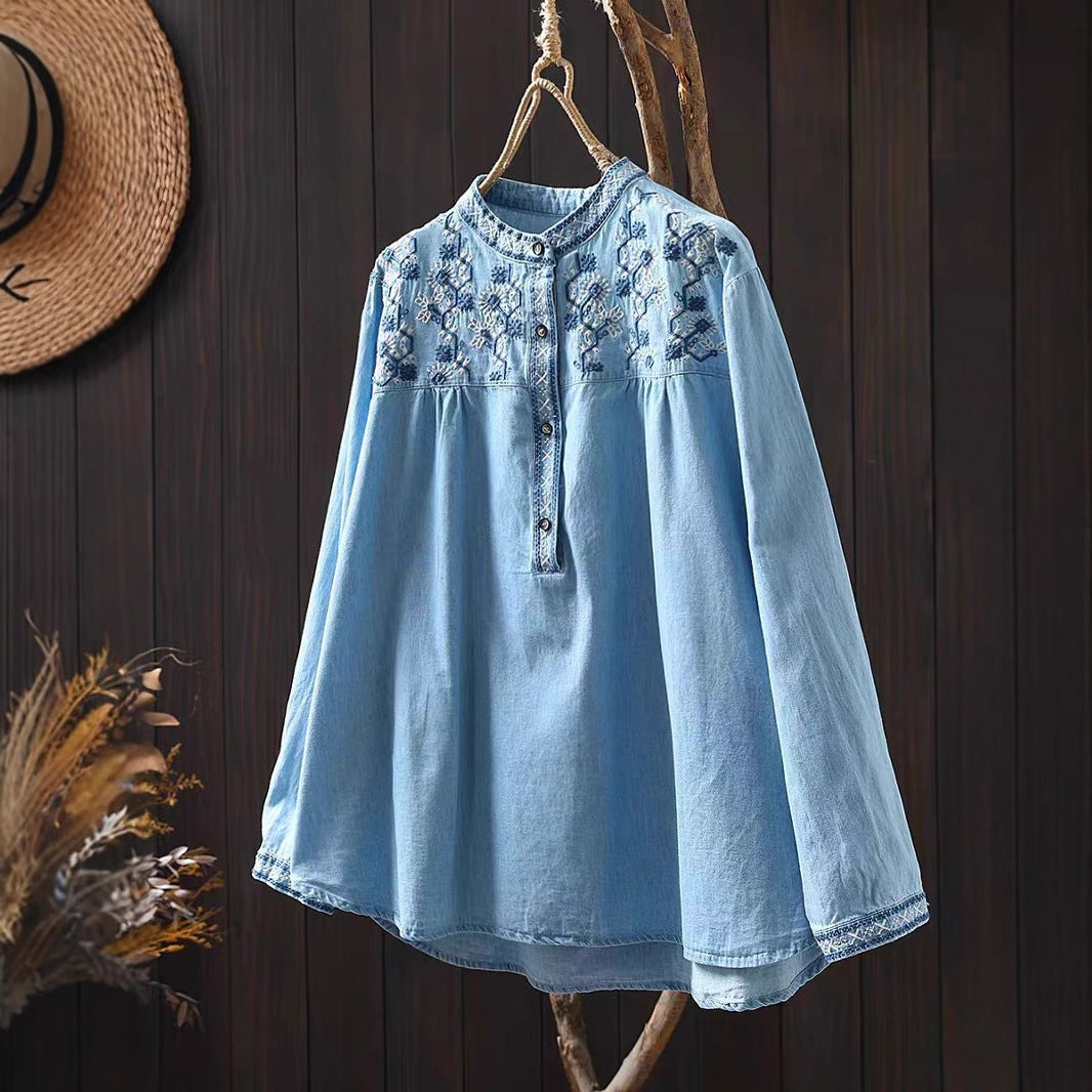 Spring New Cotton Embroidered Stand Collar Denim Shirt Women Loose Long Sleeve Retro Style Pullover Top