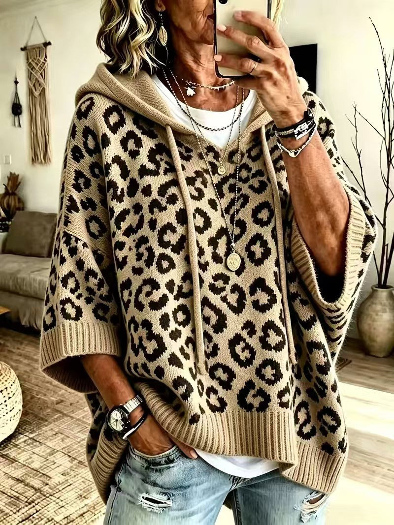 Leopard print hooded drawstring knit pullover hoodie knit