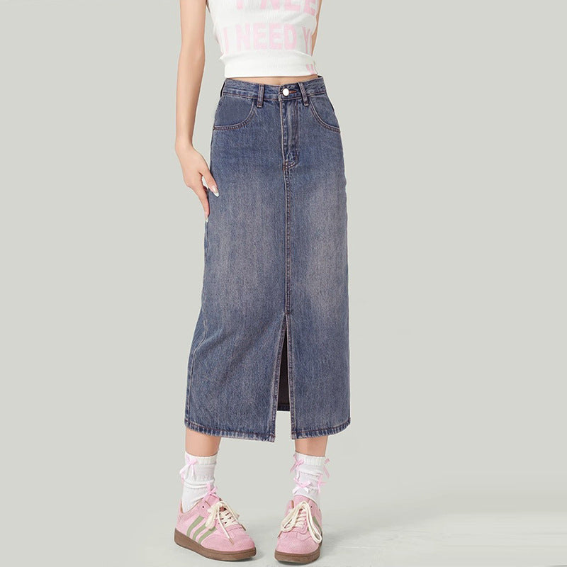 Trendy Versatile  High-Waisted Slit Denim Skirt Women's  Half Skirt Bodycon Denim Skirt