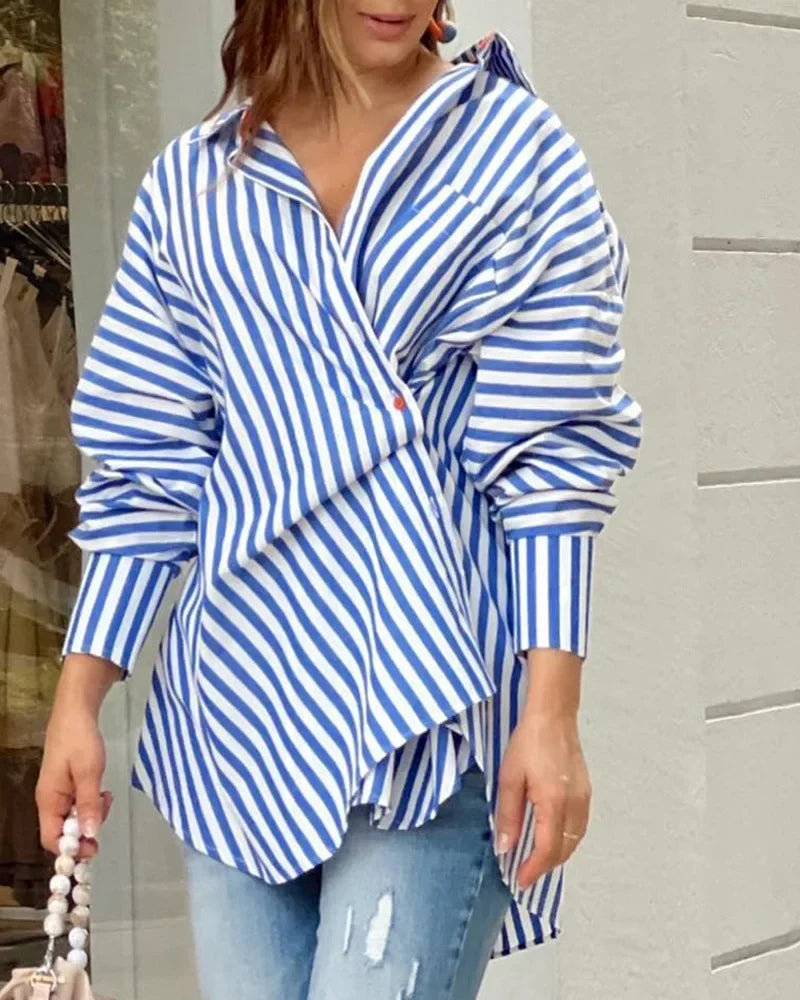 Striped long sleeved irregularly cut lapel shirt