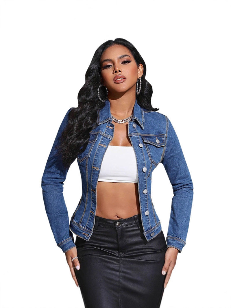 Spring and Autumn Fashionable Vintage Street Style Women's Denim Long Sleeve Jacket with Turn-Down Collar and Pockets