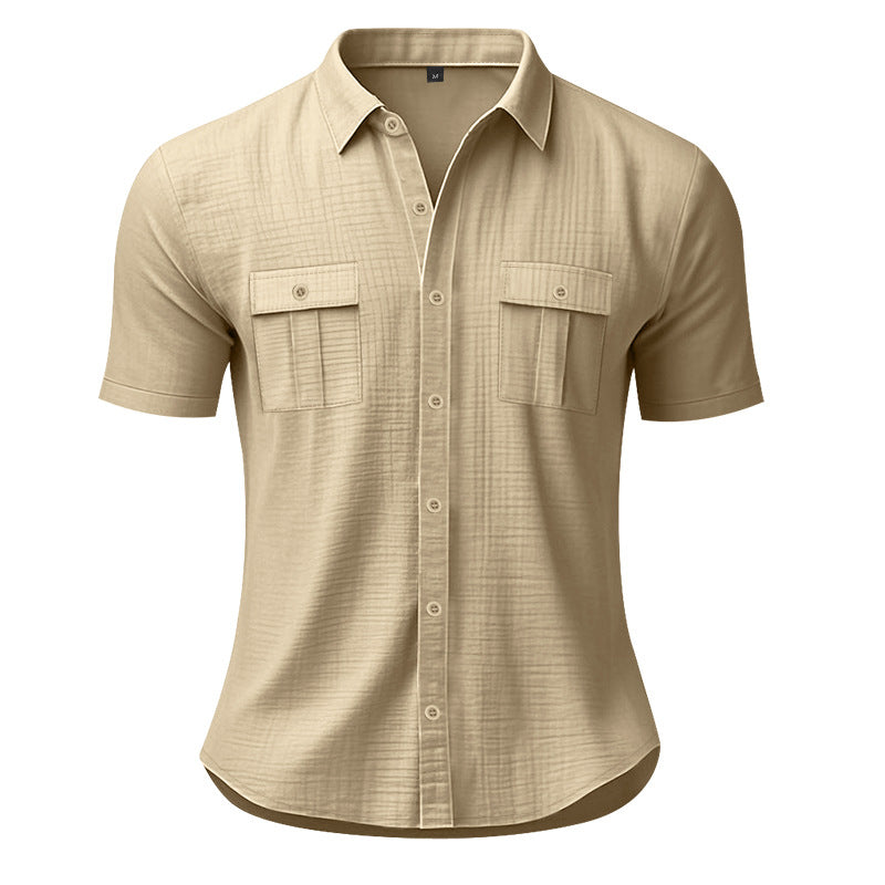 Solid color cardigan short sleeved loose collar men's shirt