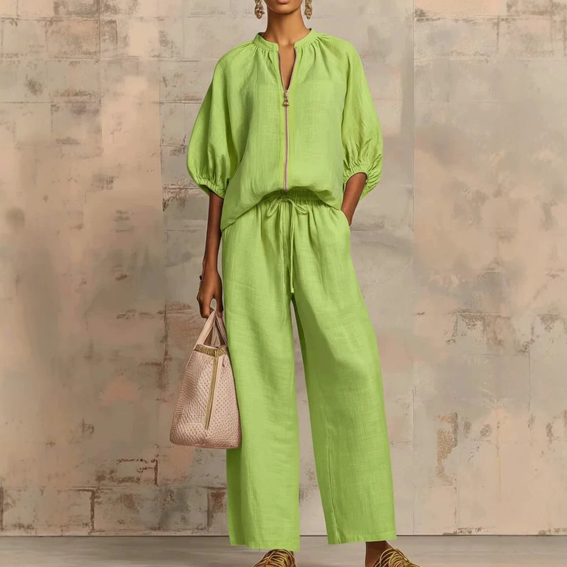 Summer Women's Casual Loose Solid Color Zipper Round Neck Wide Leg Pants Set