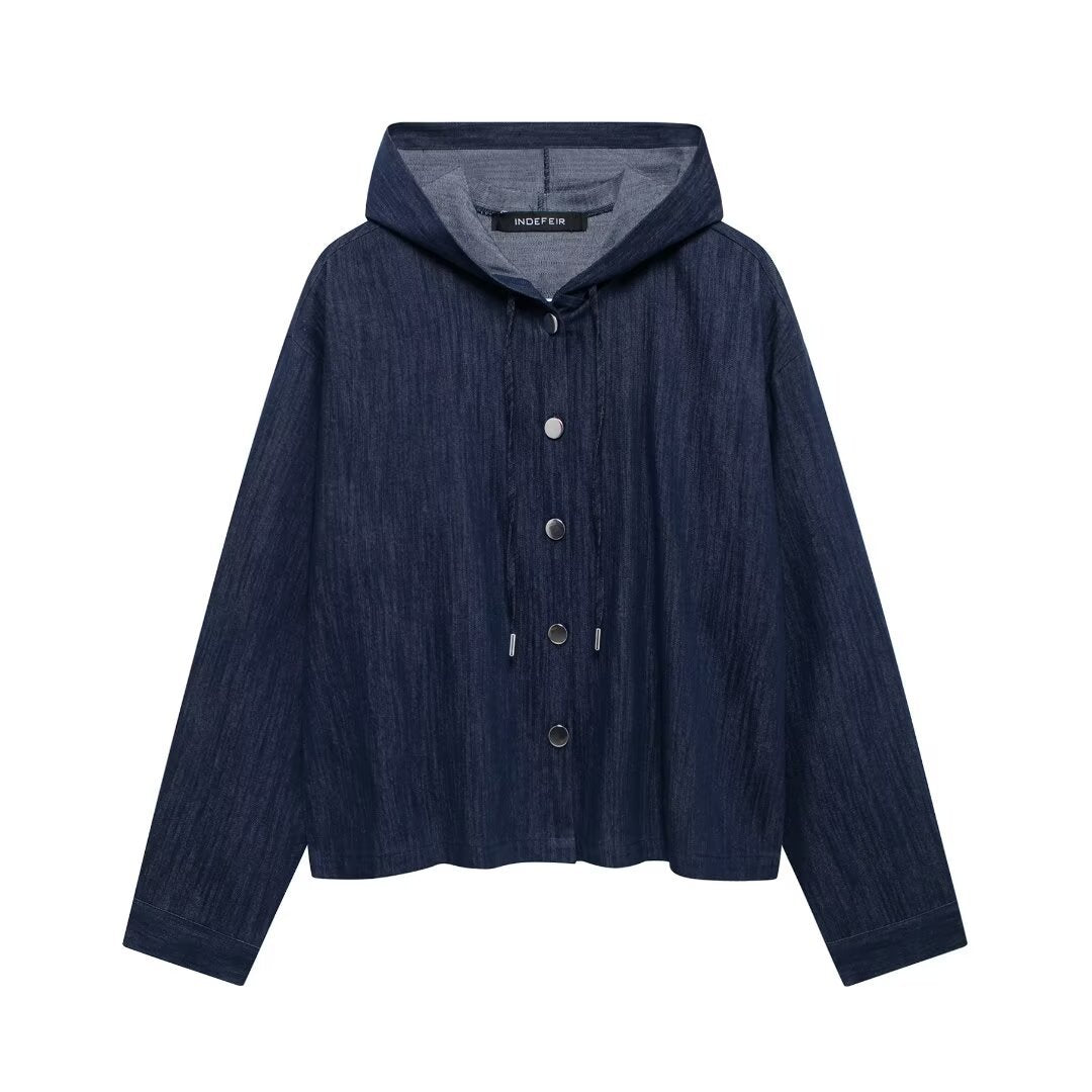 Casual Chic Women Denim Suit Solid Button Hooded Blouse Drawstring Straight Pants New Fashion Suits