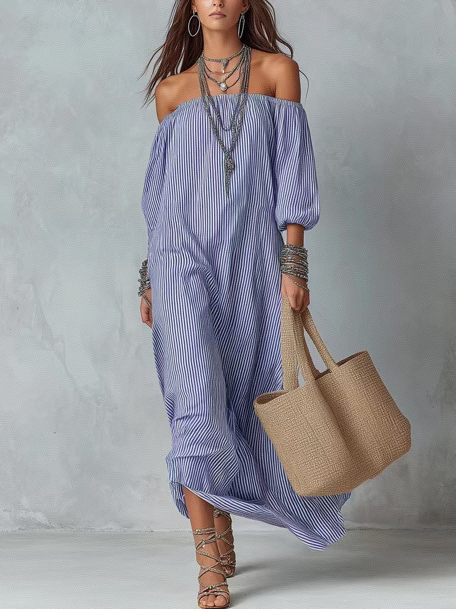 Elegant Striped Off-Shoulder Loose Vacation Fashion Dress for Women