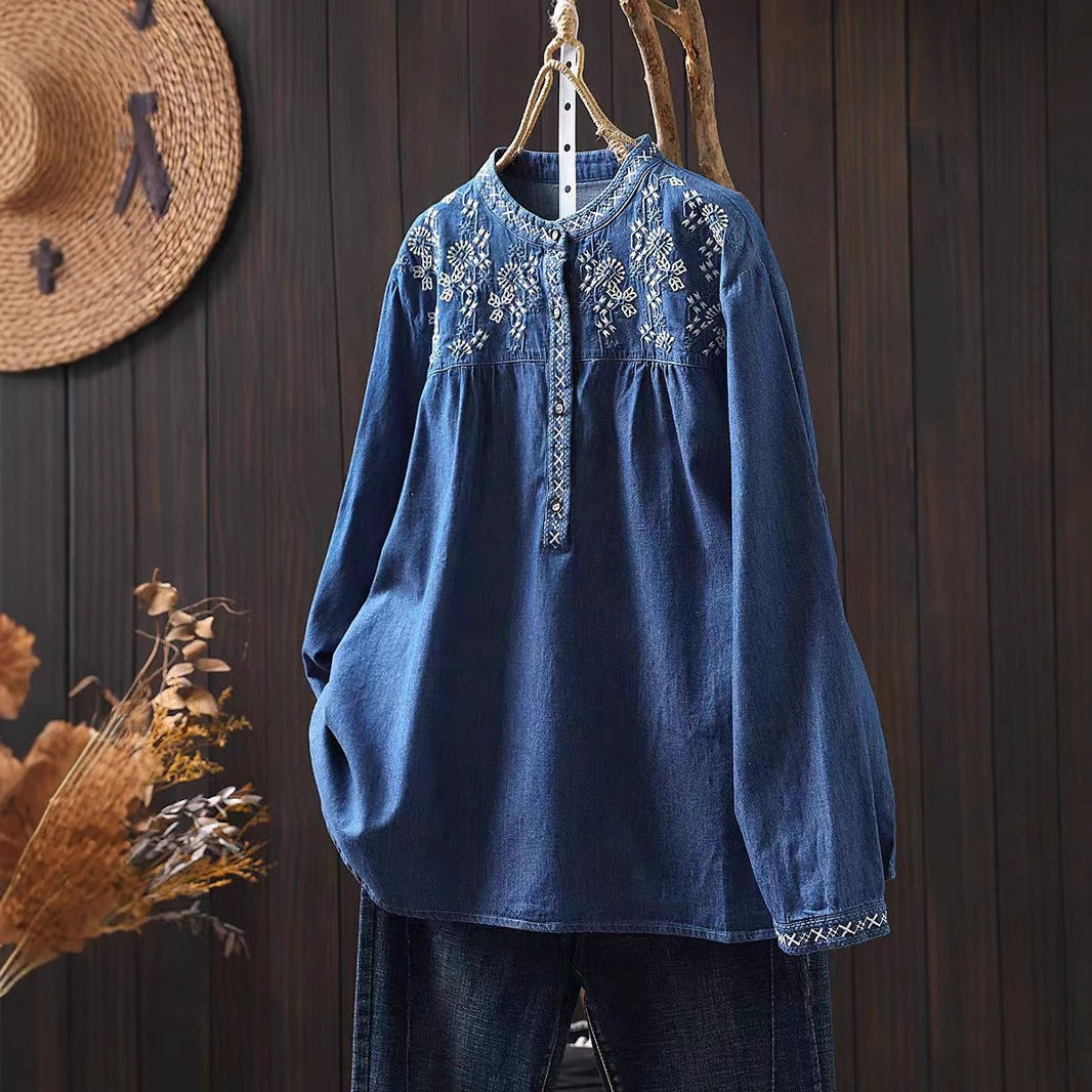 Spring New Cotton Embroidered Stand Collar Denim Shirt Women Loose Long Sleeve Retro Style Pullover Top
