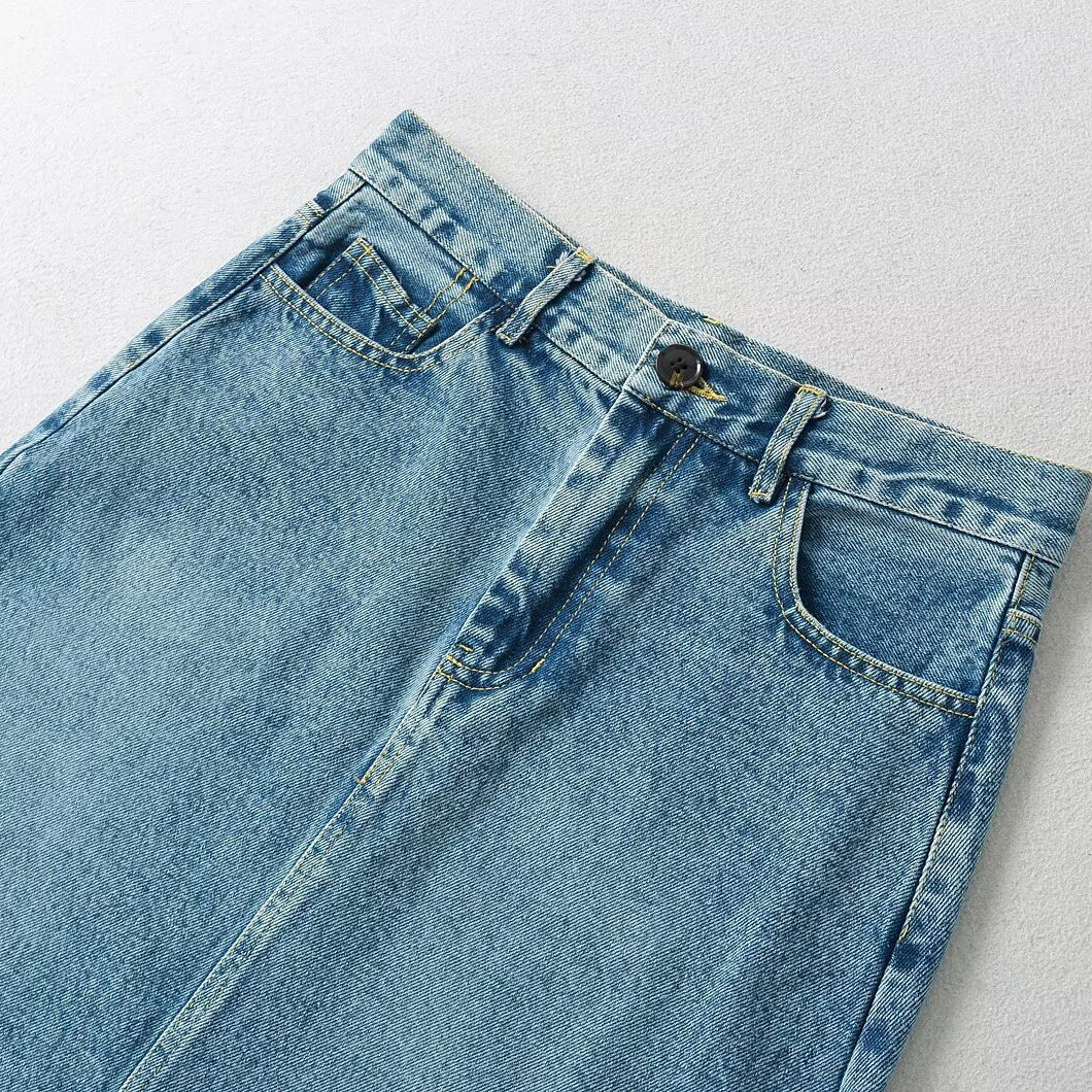 Single button high waisted loose denim skirt