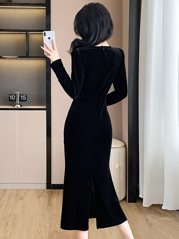Fashionable Autumn/Winter New Elegant Hollow-Out Design Spliced Mermaid Velvet Dress