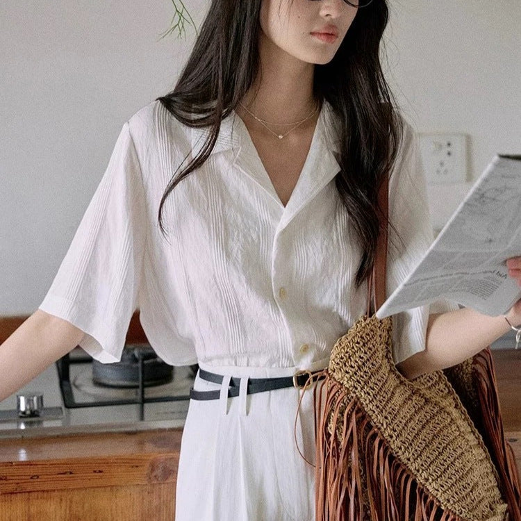 Loose Short Sleeve Cuban Collar Shirt  Casual Top