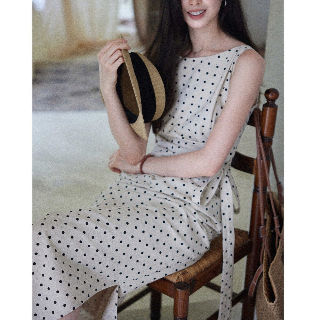 Polka Dot Dress with Side Waist Cinch Linen-Cotton Fabric Long Dress for Women