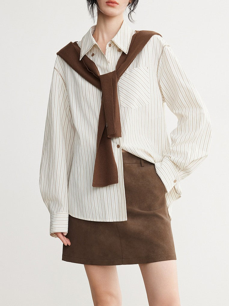 Stripe Splicing Long Sleeve Shirt Women Office Casual Blouse
