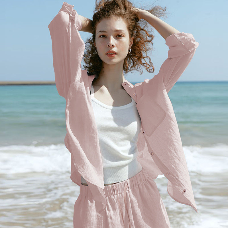 Elegant Tencel Linen Shirt Women  Style Casual Sunscreen Cardigan Top Collar Single Breasted Long Sleeve Blouse